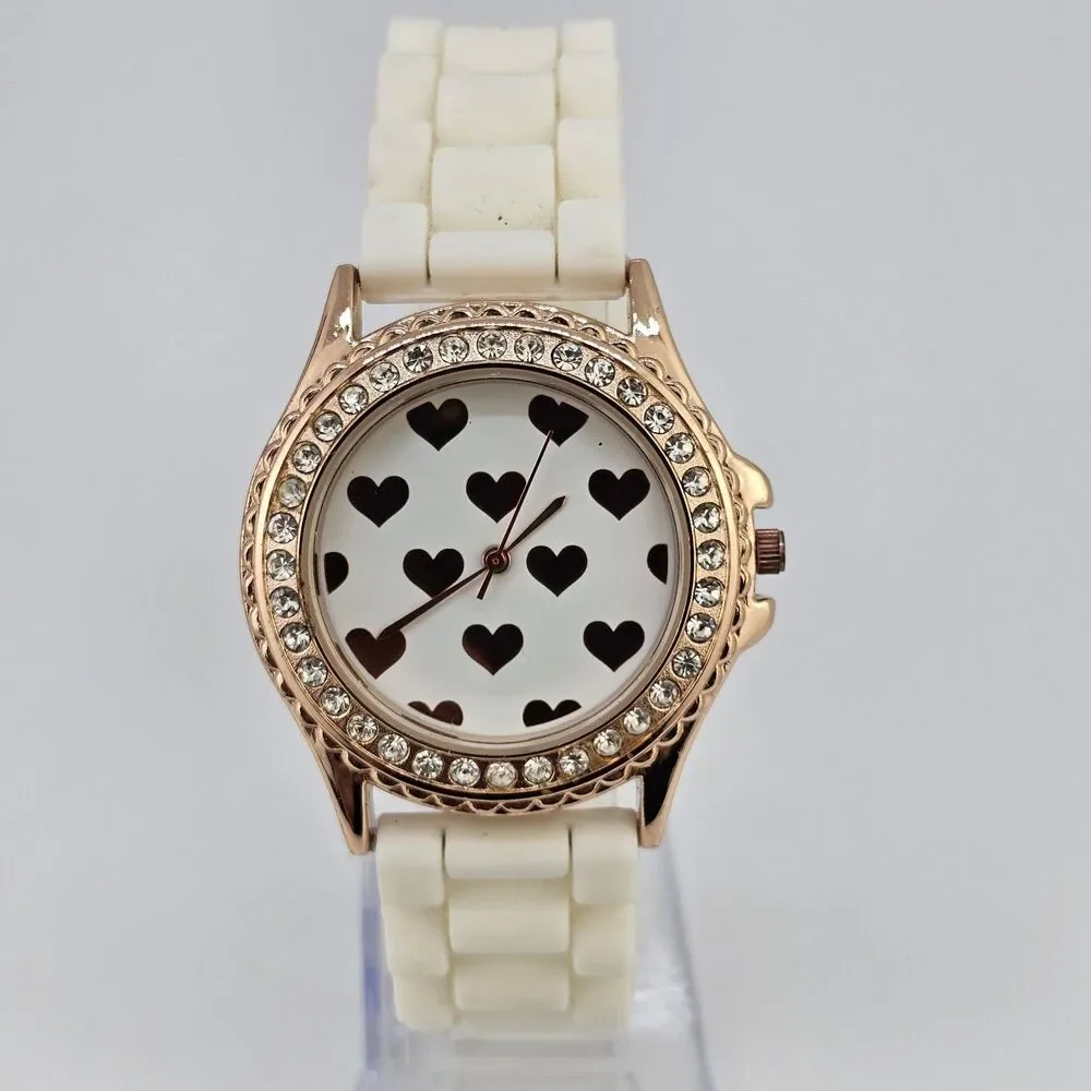 Hearts Dial‎ Women's Watch 38MM Gold Bezel White Plastic Bands New Battery